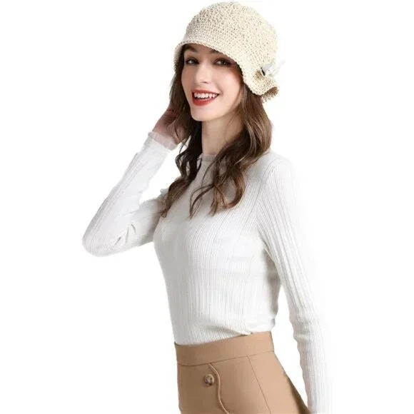Women Winter Crochet Bucket Hat Bow Beige